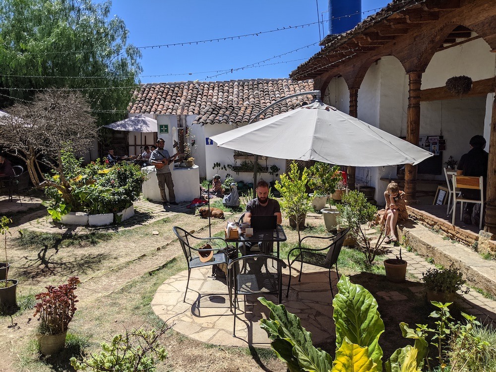 court yard with people eating