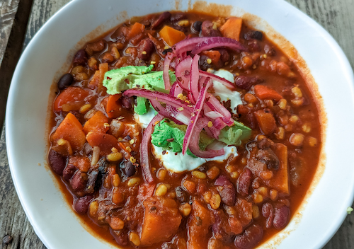 a bowl of vegan chili
