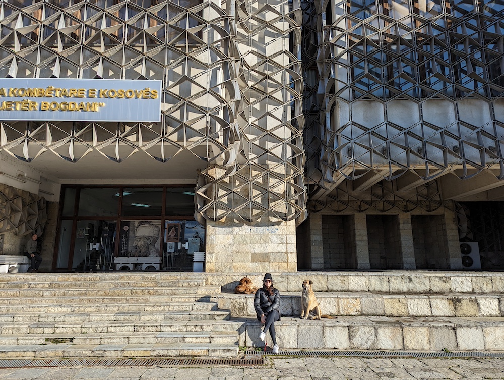 me with two dogs at the Kosovo Library